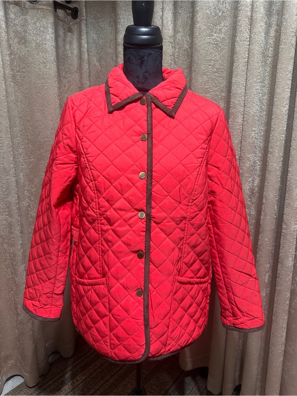 Joan Rivers Bright Red Quilted Snap-Front Jacket with Brown Trim